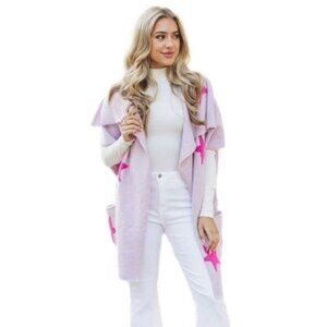 J.Marie Anniston Cardigan Open Front Pink Stars Purple Spring Pastel Womens M/L